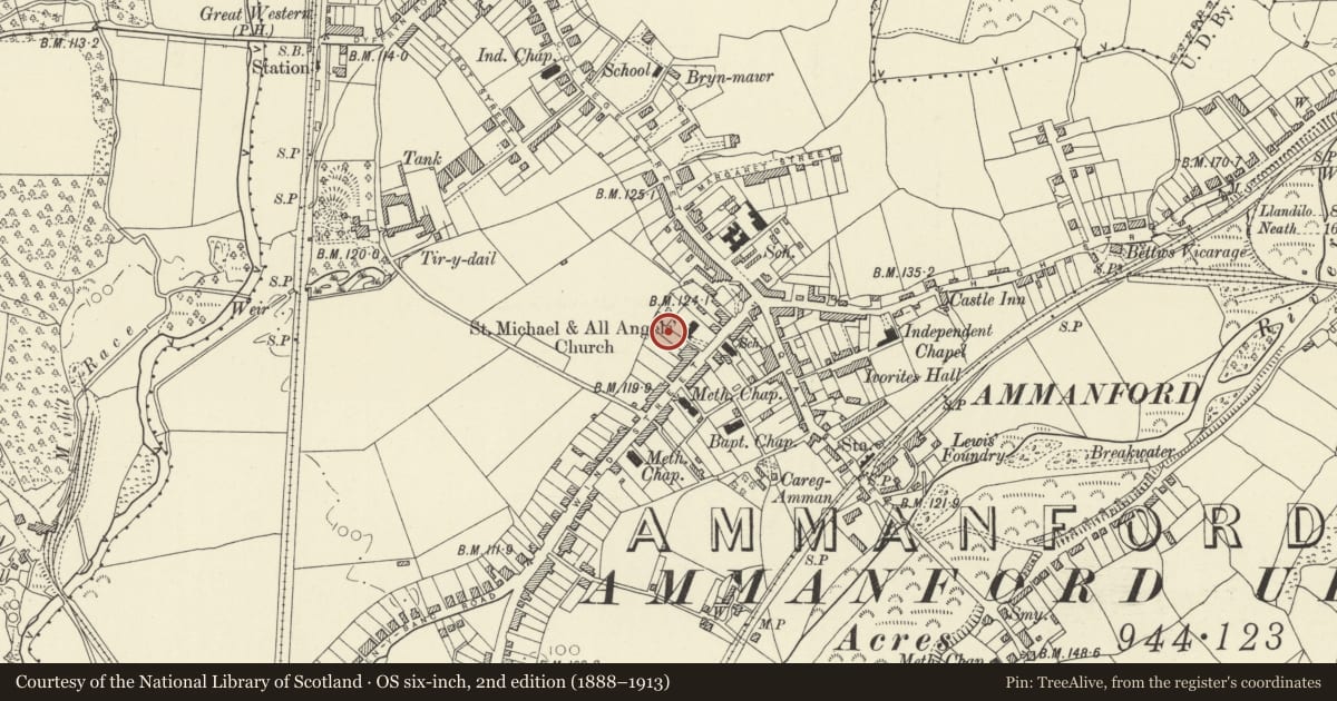 Ordnance Survey six-inch map, 2nd edition (1888–1913) covering the location of Miners Welfare Hall, Ammanford, Carmarthenshire, with a pin at the register's coordinates