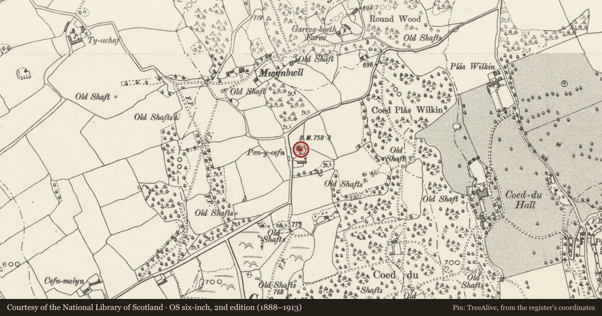 Ordnance Survey six-inch map, 2nd edition (1888–1913) covering the location of Pen-y-Cefn, Cilcain, Flintshire, with a pin at the register's coordinates