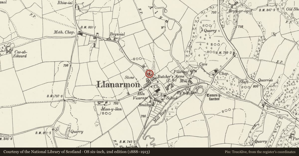 Ordnance Survey six-inch map, 2nd edition (1888–1913) covering the location of Llwyn Onn, Llanarmon-yn-Ial, Denbighshire, with a pin at the register's coordinates