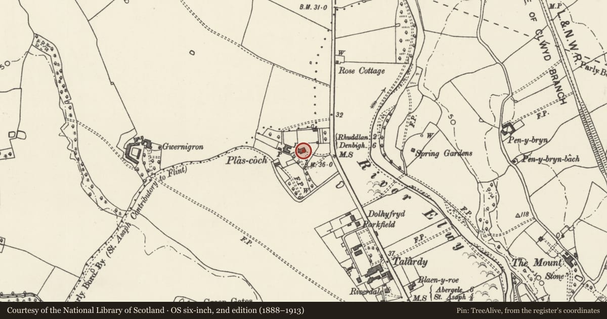 Ordnance Survey six-inch map, 2nd edition (1888–1913) covering the location of Plas Coch Rest Home (main block only), St. Asaph, Denbighshire, with a pin at the register's coordinates