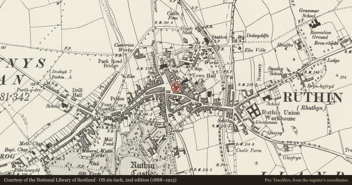 Ordnance Survey six-inch map, 2nd edition (1888–1913) covering the location of Ethel Austin and house over, Ruthin, Denbighshire, with a pin at the register's coordinates