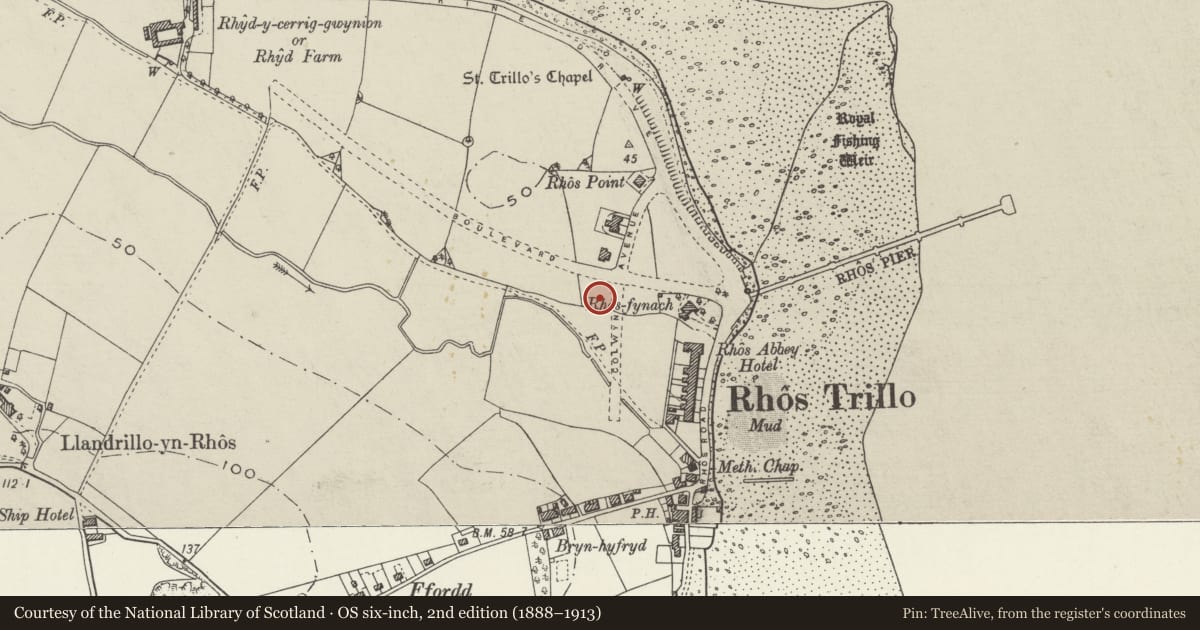 Ordnance Survey six-inch map, 2nd edition (1888–1913) covering the location of United Reformed Church, Llandrillo-yn-Rhos/Rhos-on-Sea, Conwy, with a pin at the register's coordinates