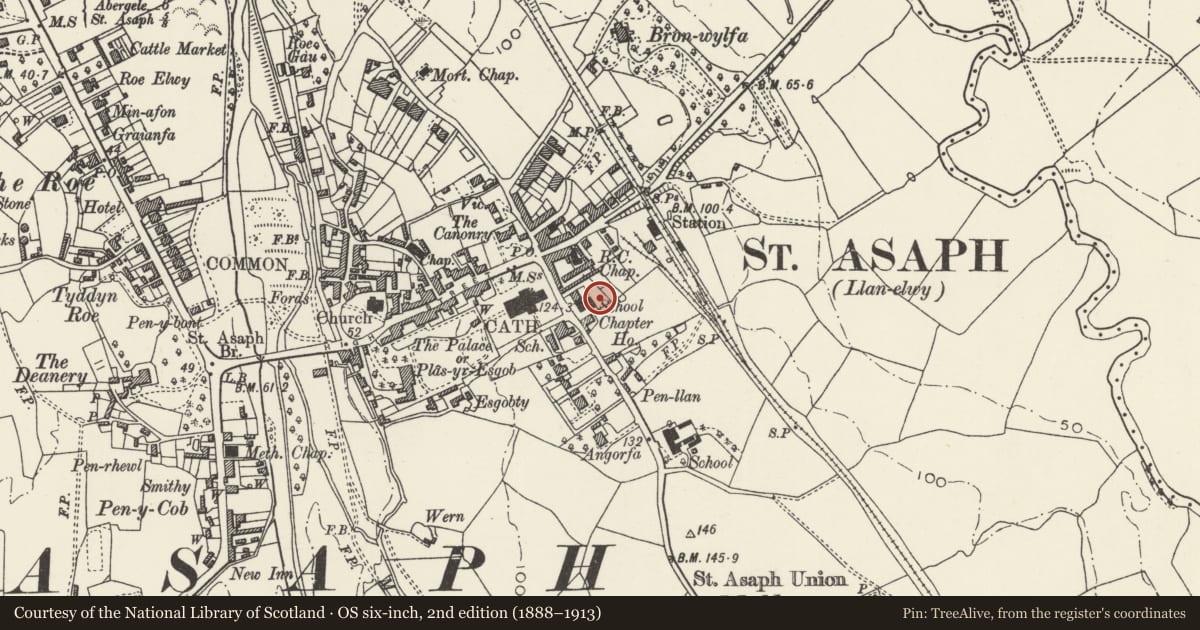 Ordnance Survey six-inch map, 2nd edition (1888–1913) covering the location of St. Asaph V.P. School, Denbighshire, with a pin at the register's coordinates