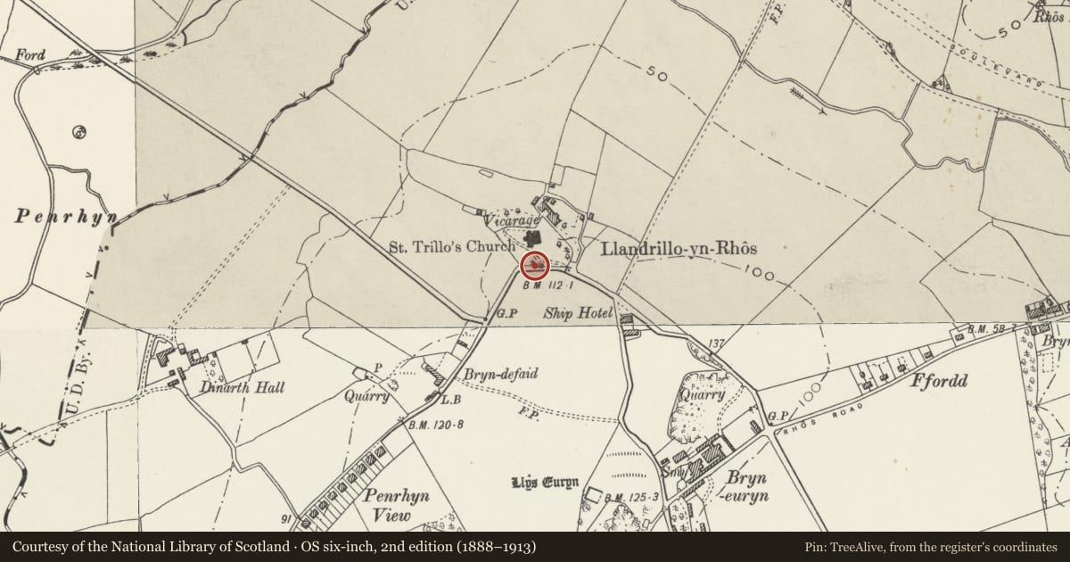 Ordnance Survey six-inch map, 2nd edition (1888–1913) covering the location of 5. Chest Tomb in St Trillo's Churchyard, Llandrillo-yn-Rhos/Rhos-on-Sea, Conwy, with a pin at the register's coordinates