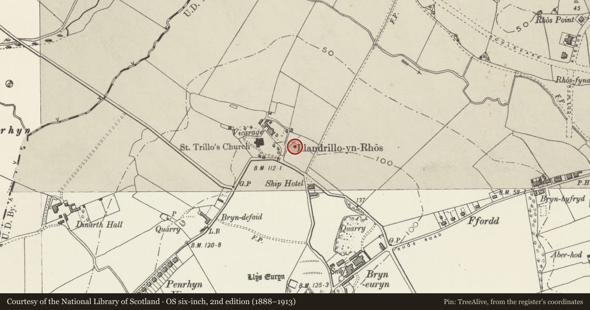 Ordnance Survey six-inch map, 2nd edition (1888–1913) covering the location of St Trillo's Vicarage, Llandrillo-yn-Rhos/Rhos-on-Sea, Conwy, with a pin at the register's coordinates