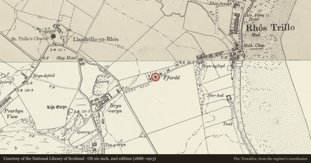 Ordnance Survey six-inch map, 2nd edition (1888–1913) covering the location of 64 Rhos Road, Llandrillo-yn-Rhos/Rhos-on-Sea, Conwy, with a pin at the register's coordinates