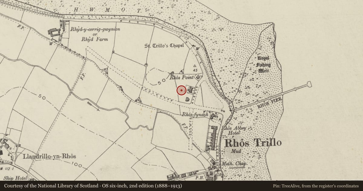 Ordnance Survey six-inch map, 2nd edition (1888–1913) covering the location of 4 Trillo Avenue, Llandrillo-yn-Rhos/Rhos-on-Sea, Conwy, with a pin at the register's coordinates