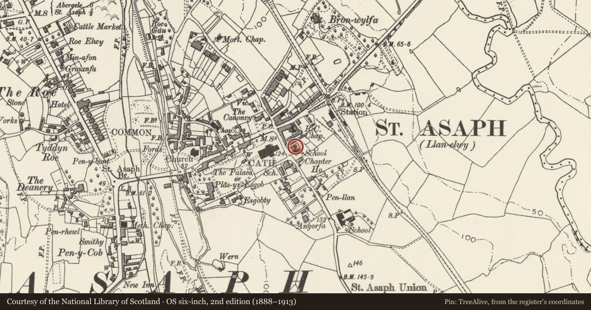 Ordnance Survey six-inch map, 2nd edition (1888–1913) covering the location of Rosslyn, St. Asaph, Denbighshire, with a pin at the register's coordinates