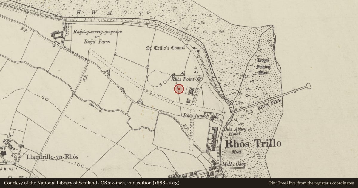 Ordnance Survey six-inch map, 2nd edition (1888–1913) covering the location of White Cottage, Llandrillo-yn-Rhos/Rhos-on-Sea, Conwy, with a pin at the register's coordinates