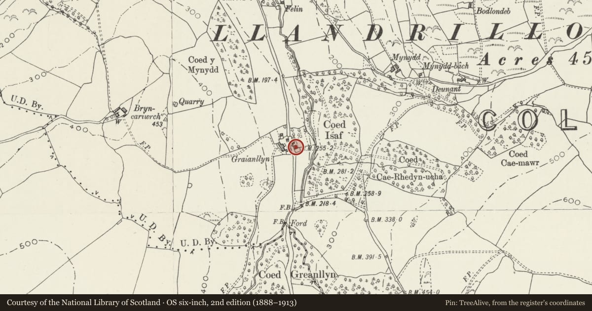 Ordnance Survey six-inch map, 2nd edition (1888–1913) covering the location of Grianllyn Farmhouse, Mochdre, Conwy, with a pin at the register's coordinates