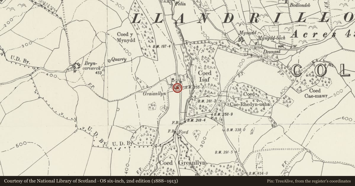Ordnance Survey six-inch map, 2nd edition (1888–1913) covering the location of Barn at Grianllyn Farm (W side), Mochdre, Conwy, with a pin at the register's coordinates