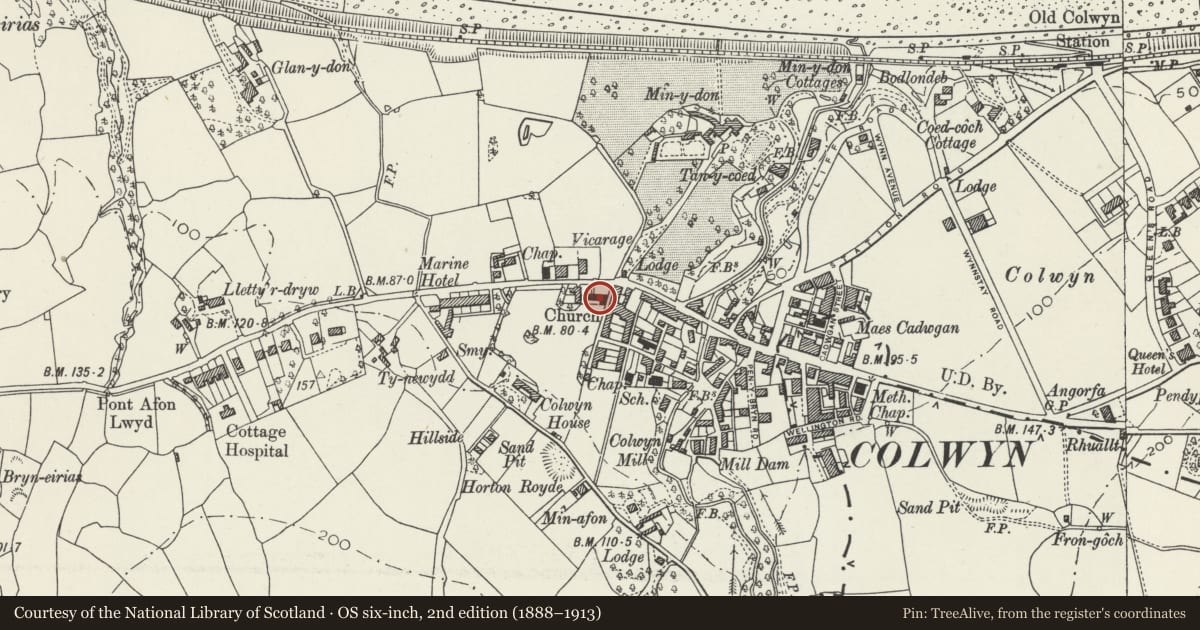 Ordnance Survey six-inch map, 2nd edition (1888–1913) covering the location of Church of St Catherine, Old Colwyn, Conwy, with a pin at the register's coordinates