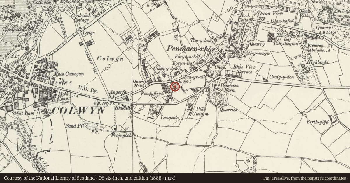 Ordnance Survey six-inch map, 2nd edition (1888–1913) covering the location of 432 Abergele Road, Old Colwyn, Conwy, with a pin at the register's coordinates