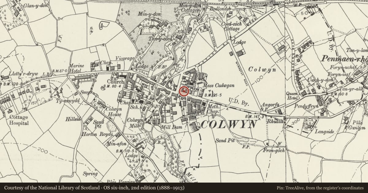 Ordnance Survey six-inch map, 2nd edition (1888–1913) covering the location of Nos 403 & 405 Abergele Road, Old Colwyn, Conwy, with a pin at the register's coordinates