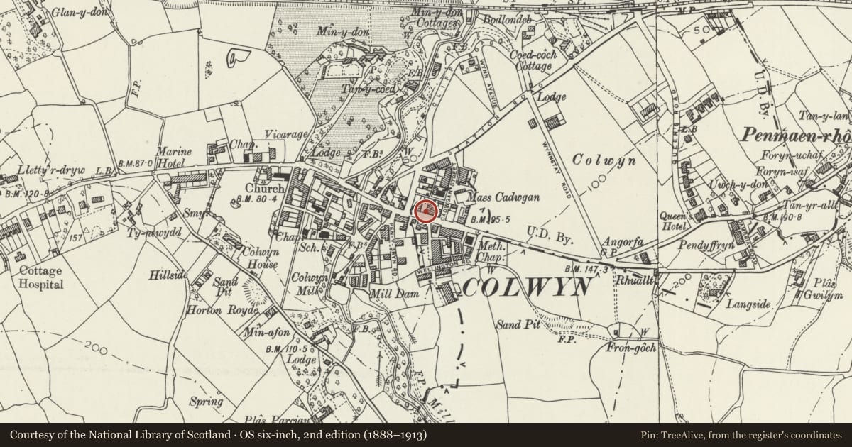 Ordnance Survey six-inch map, 2nd edition (1888–1913) covering the location of Nos 407 & 409 Abergele Road, Old Colwyn, Conwy, with a pin at the register's coordinates