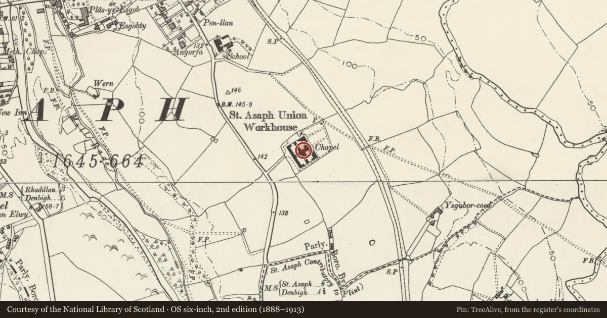Ordnance Survey six-inch map, 2nd edition (1888–1913) covering the location of H.M.Stanley Hospital (front range plus attached cross-plan ranges & Chapel only), St. Asaph, Denbighshire, with a pin at the register's coordinates