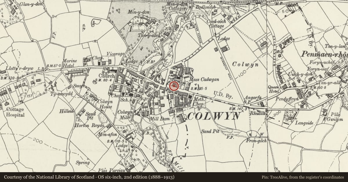Ordnance Survey six-inch map, 2nd edition (1888–1913) covering the location of 411 Abergele Road, Old Colwyn, Conwy, with a pin at the register's coordinates