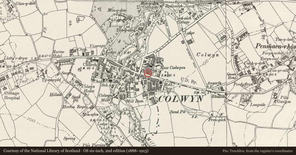 Ordnance Survey six-inch map, 2nd edition (1888–1913) covering the location of 413 Abergele Road, Old Colwyn, Conwy, with a pin at the register's coordinates