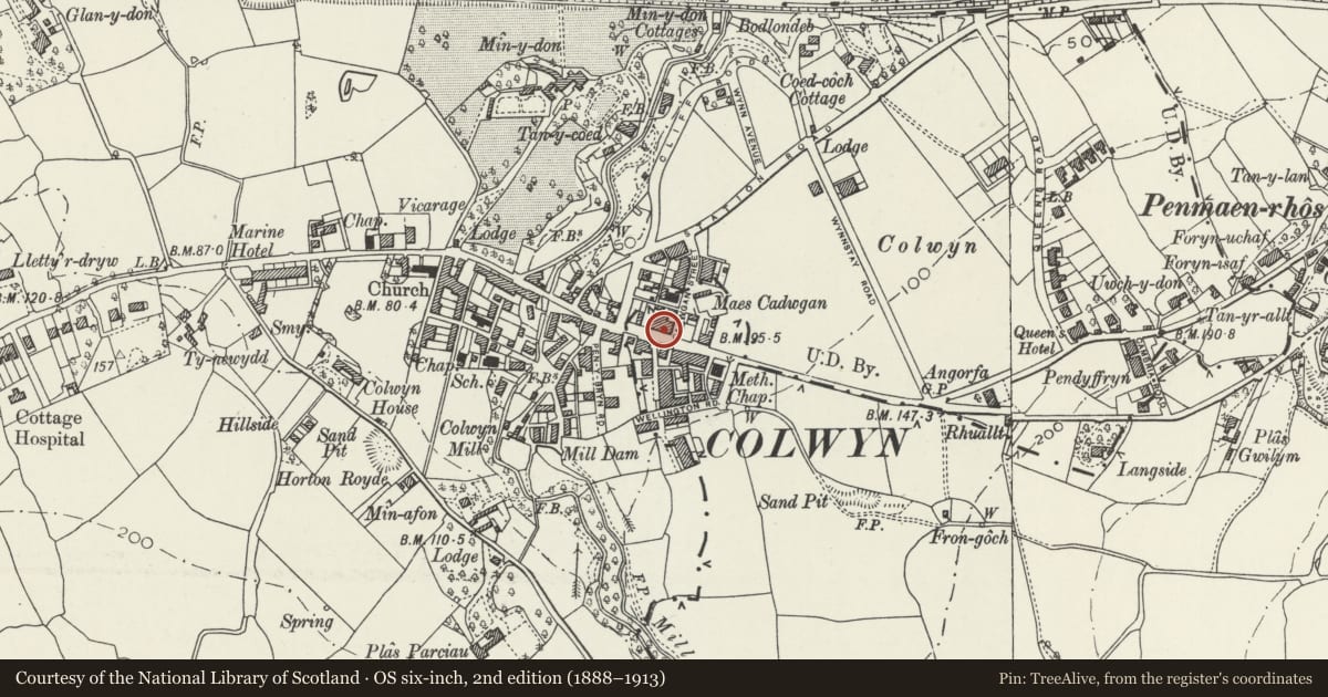Ordnance Survey six-inch map, 2nd edition (1888–1913) covering the location of 415 Abergele Road, Old Colwyn, Conwy, with a pin at the register's coordinates