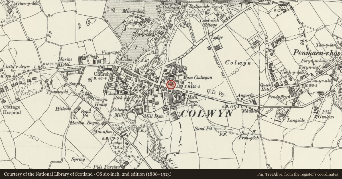 Ordnance Survey six-inch map, 2nd edition (1888–1913) covering the location of Nos 417, 419, 421, 423 & 425 Abergele Road and No 1 Princess Road, Old Colwyn, Conwy, with a pin at the register's coordinates