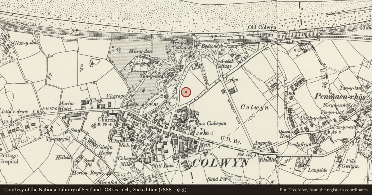 Ordnance Survey six-inch map, 2nd edition (1888–1913) covering the location of St John's Church House, Old Colwyn, Conwy, with a pin at the register's coordinates