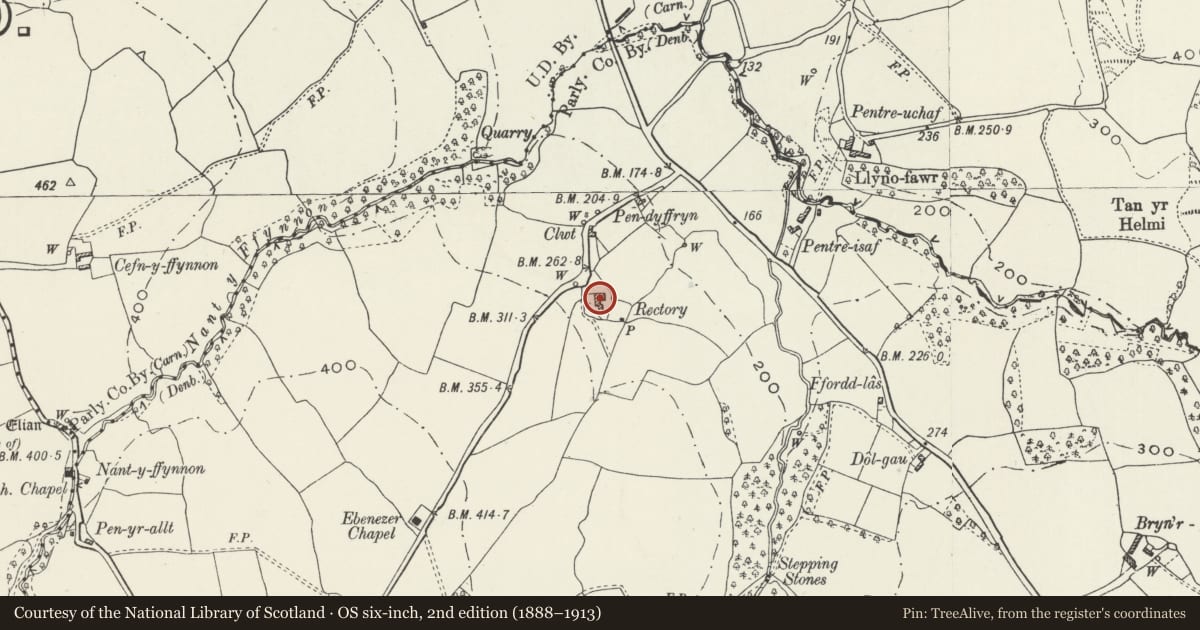Ordnance Survey six-inch map, 2nd edition (1888–1913) covering the location of Celynog, Old Colwyn, Conwy, with a pin at the register's coordinates