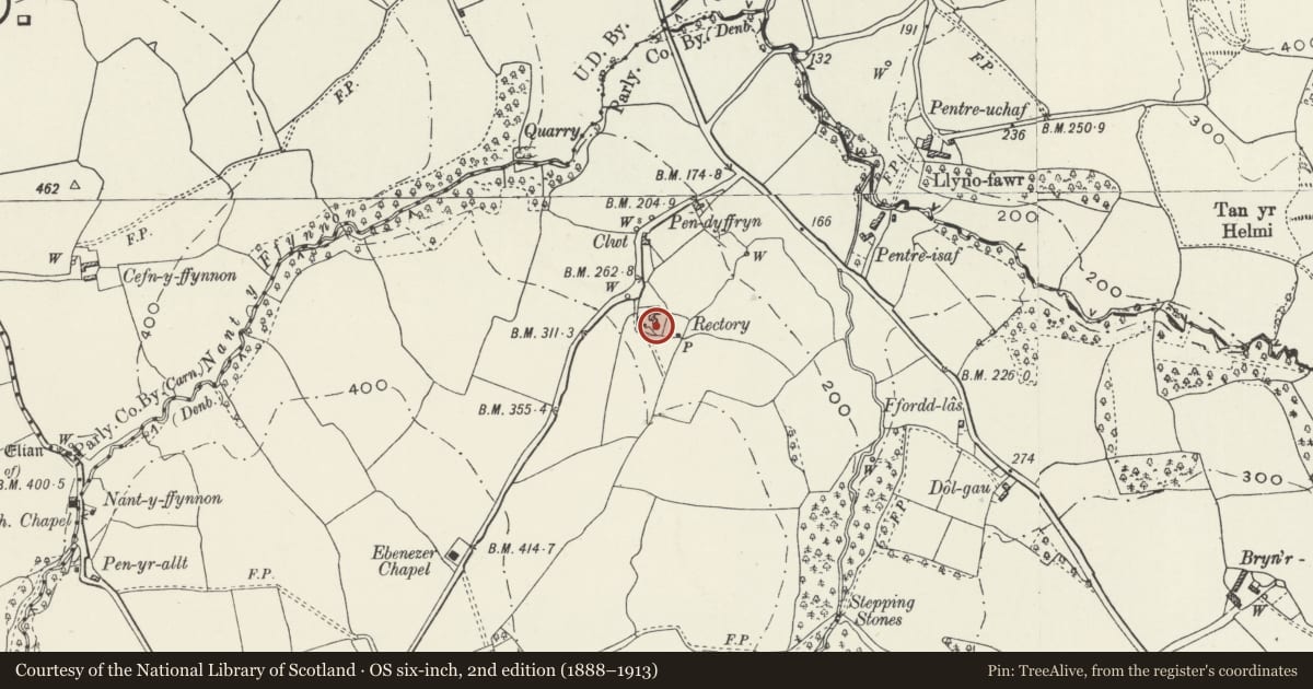 Ordnance Survey six-inch map, 2nd edition (1888–1913) covering the location of Outbuildings adjoining Celynog, Old Colwyn, Conwy, with a pin at the register's coordinates
