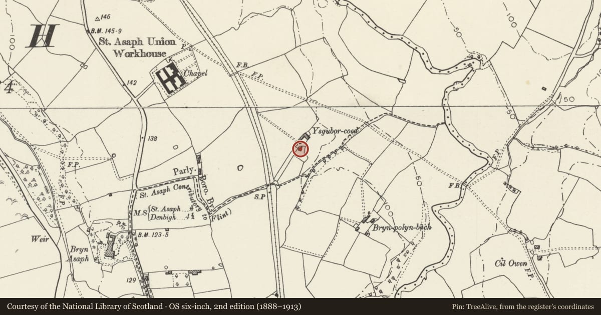 Ordnance Survey six-inch map, 2nd edition (1888–1913) covering the location of Ysgubor-y-Coed Farmhouse, St. Asaph, Denbighshire, with a pin at the register's coordinates