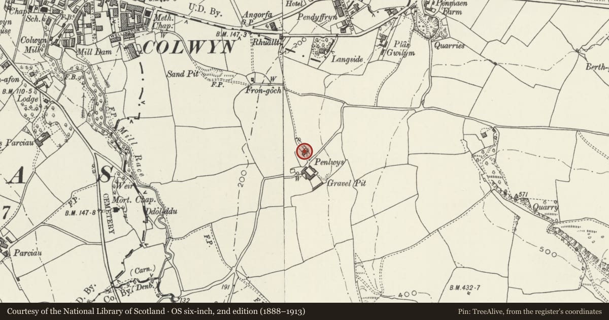 Ordnance Survey six-inch map, 2nd edition (1888–1913) covering the location of Peulwys, Old Colwyn, Conwy, with a pin at the register's coordinates