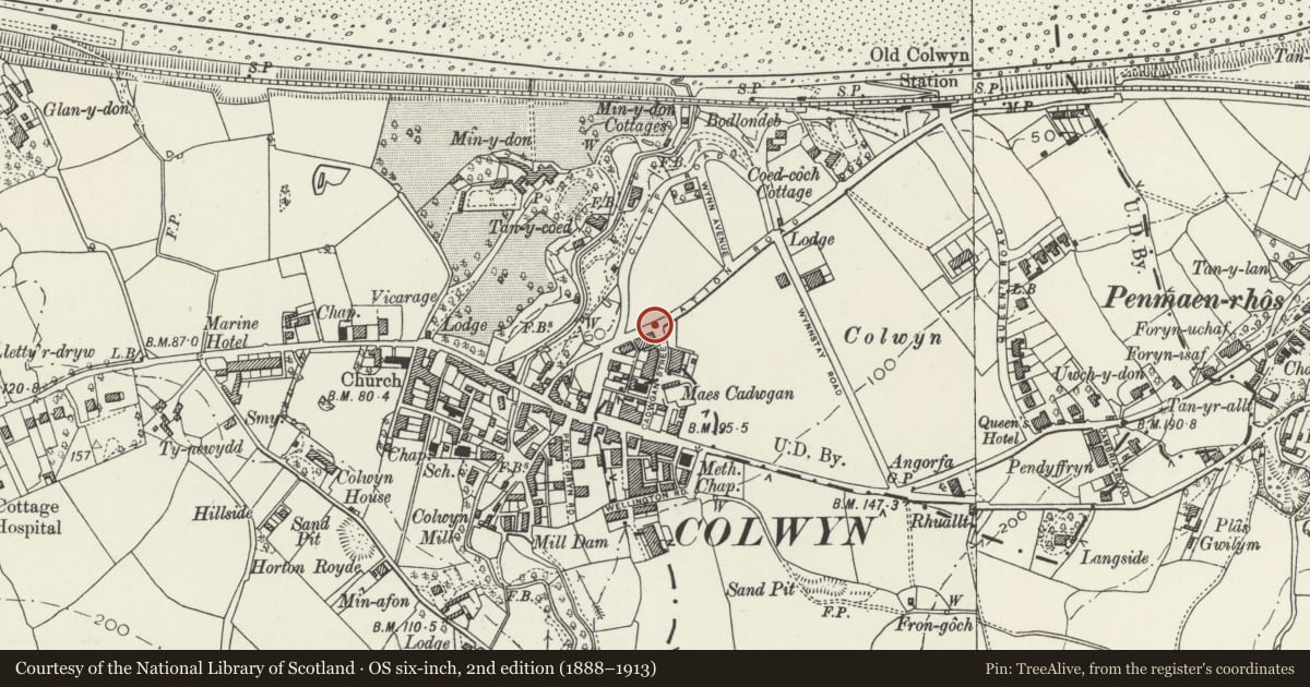 Ordnance Survey six-inch map, 2nd edition (1888–1913) covering the location of Entrance Gate to Saint John's Churchyard, Old Colwyn, Conwy, with a pin at the register's coordinates