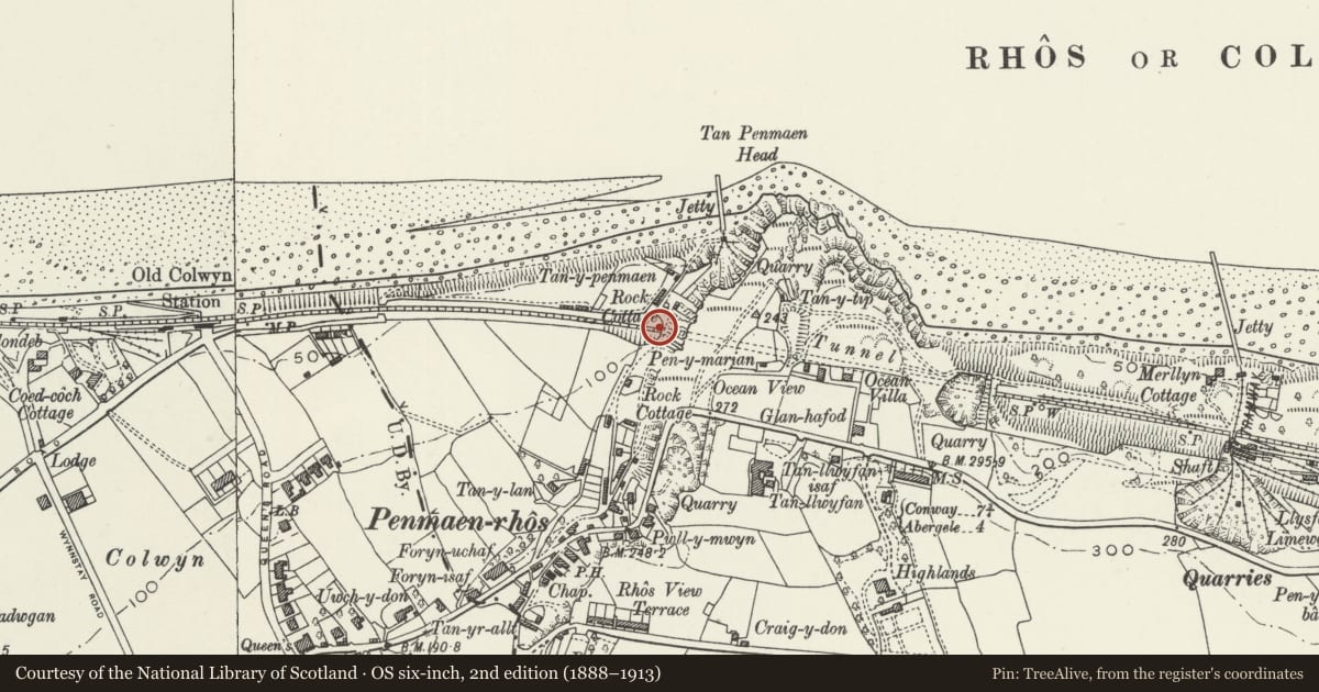 Ordnance Survey six-inch map, 2nd edition (1888–1913) covering the location of Western Portal of Penmaen Rhos Railway Tunnel, Old Colwyn, Conwy, with a pin at the register's coordinates