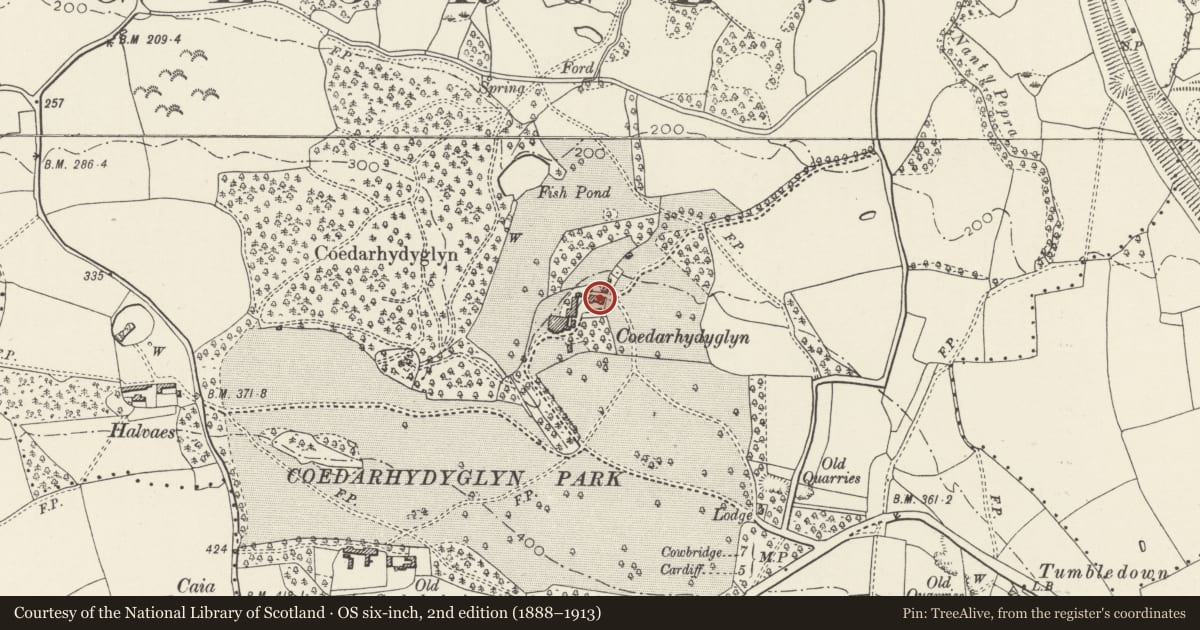 Ordnance Survey six-inch map, 2nd edition (1888–1913) covering the location of Coach-house and stables at Coedarhydyglyn, St. Georges-super-Ely, Vale of Glamorgan, with a pin at the register's coordinates