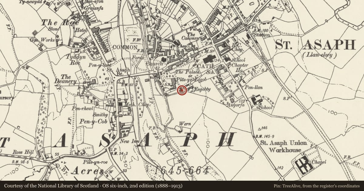 Ordnance Survey six-inch map, 2nd edition (1888–1913) covering the location of Esgobty Farmhouse, St. Asaph, Denbighshire, with a pin at the register's coordinates