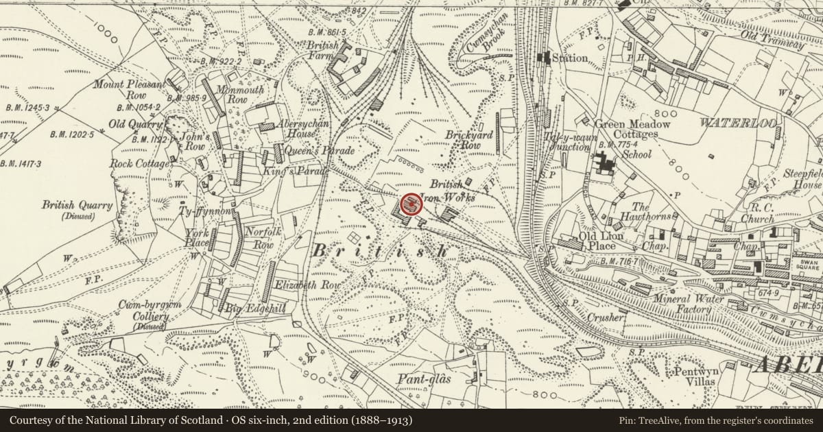 Ordnance Survey six-inch map, 2nd edition (1888–1913) covering the location of Former British Ironworks office and foundry quadrangle, Abersychan, Torfaen, with a pin at the register's coordinates