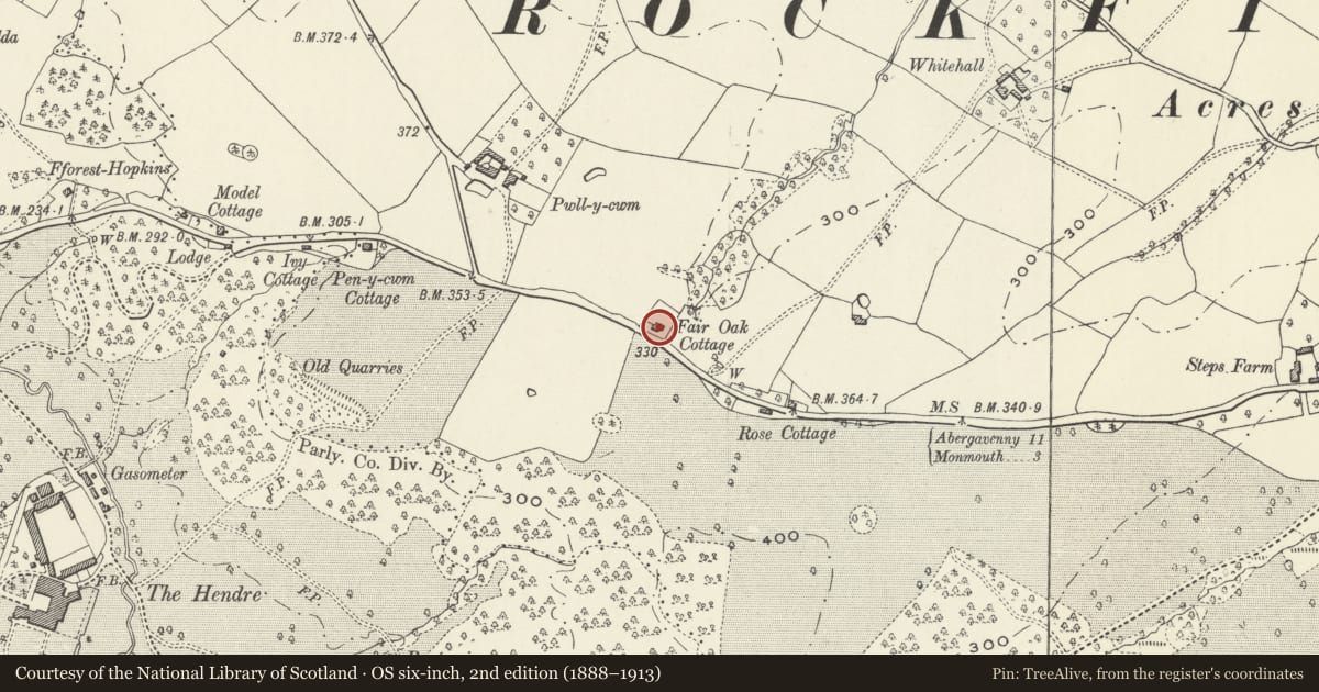 Ordnance Survey six-inch map, 2nd edition (1888–1913) covering the location of Fairoaks, Whitecastle, Monmouthshire, with a pin at the register's coordinates
