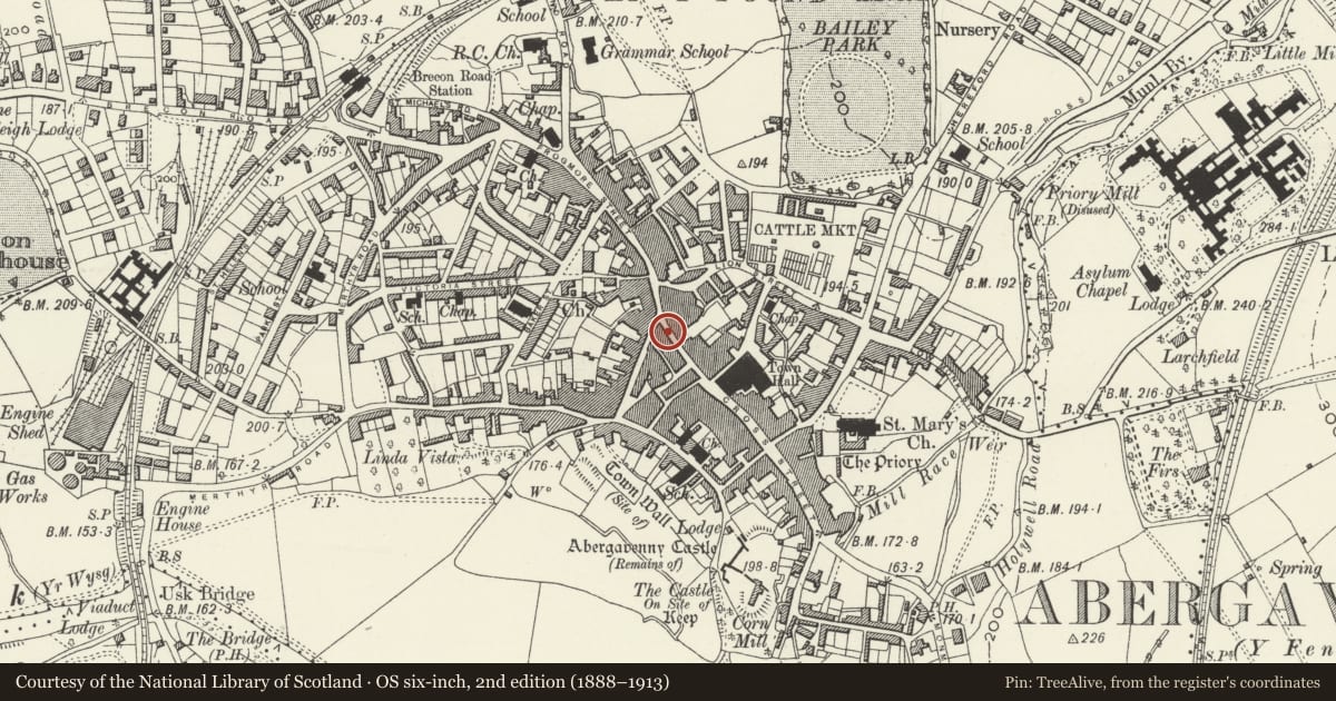 Ordnance Survey six-inch map, 2nd edition (1888–1913) covering the location of Burton, Abergavenny, Monmouthshire, with a pin at the register's coordinates
