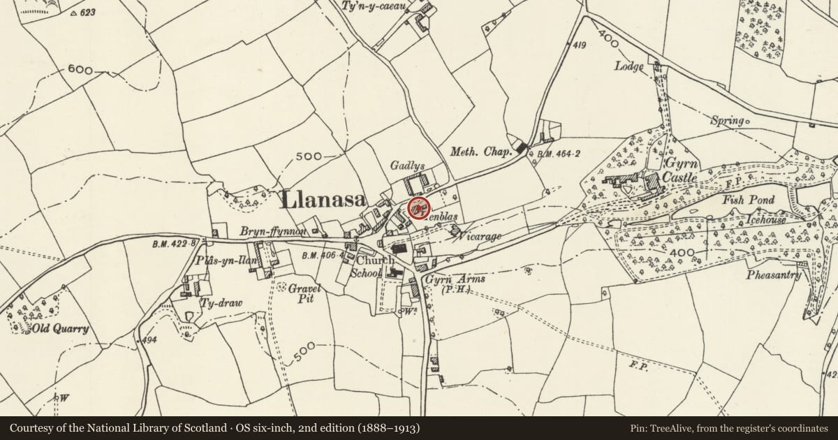 Ordnance Survey six-inch map, 2nd edition (1888–1913) covering the location of Henblas, Llanasa, Flintshire, with a pin at the register's coordinates