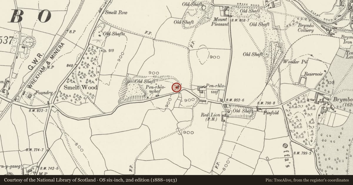 Ordnance Survey six-inch map, 2nd edition (1888–1913) covering the location of Pen-Rhos Engine House, Brymbo, Wrexham, with a pin at the register's coordinates