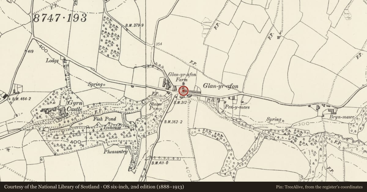 Ordnance Survey six-inch map, 2nd edition (1888–1913) covering the location of 1/2 Glanyrafon Cottages, Llanasa, Flintshire, with a pin at the register's coordinates