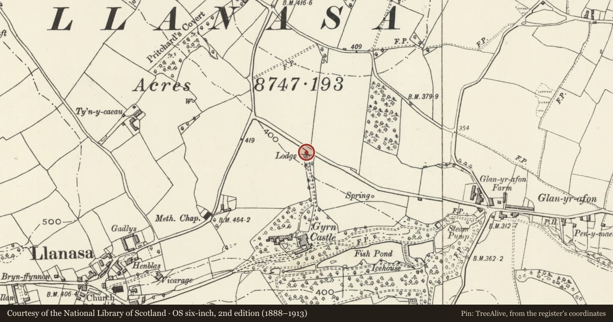 Ordnance Survey six-inch map, 2nd edition (1888–1913) covering the location of North Lodge, Llanasa, Flintshire, with a pin at the register's coordinates