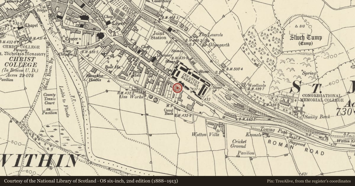 Ordnance Survey six-inch map, 2nd edition (1888–1913) covering the location of 89 The Watton, Brecon, Powys, with a pin at the register's coordinates