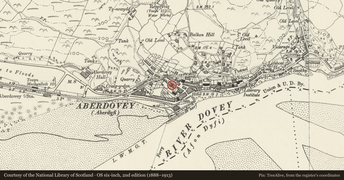 Ordnance Survey six-inch map, 2nd edition (1888–1913) covering the location of 1 Evans Terrace, Aberdovey, Gwynedd, with a pin at the register's coordinates