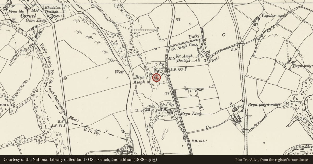 Ordnance Survey six-inch map, 2nd edition (1888–1913) covering the location of Bryn Asaph including Gate House Range, St. Asaph, Denbighshire, with a pin at the register's coordinates