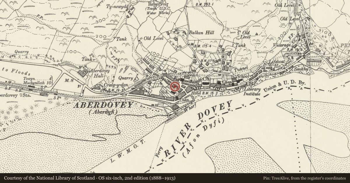 Ordnance Survey six-inch map, 2nd edition (1888–1913) covering the location of 6 Evans Terrace, Aberdovey, Gwynedd, with a pin at the register's coordinates