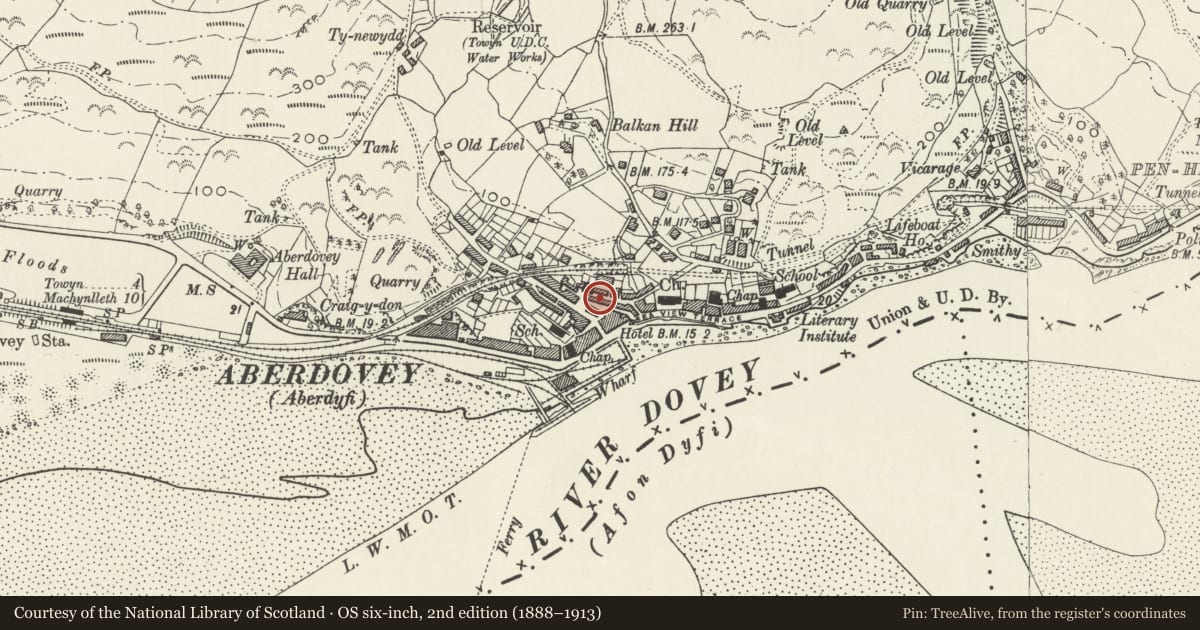 Ordnance Survey six-inch map, 2nd edition (1888–1913) covering the location of Clifton, Aberdovey, Gwynedd, with a pin at the register's coordinates