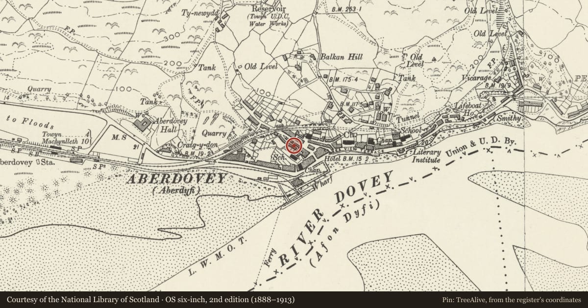 Ordnance Survey six-inch map, 2nd edition (1888–1913) covering the location of 4 Evans Terrace, Aberdovey, Gwynedd, with a pin at the register's coordinates