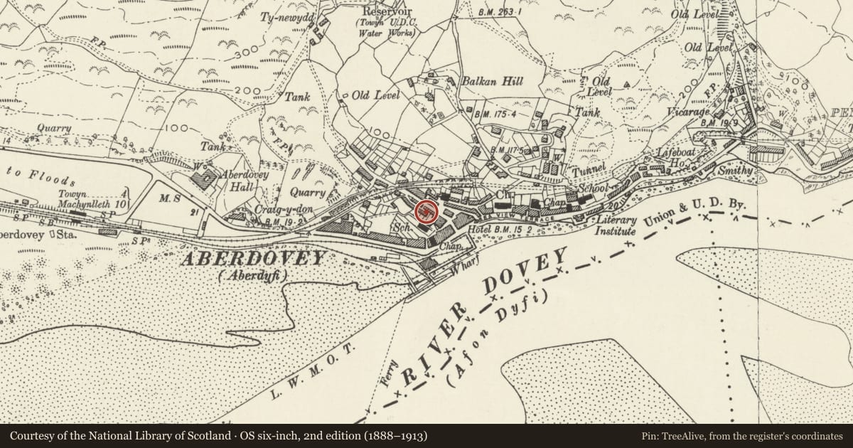 Ordnance Survey six-inch map, 2nd edition (1888–1913) covering the location of 5 Evans Terrace, Aberdovey, Gwynedd, with a pin at the register's coordinates