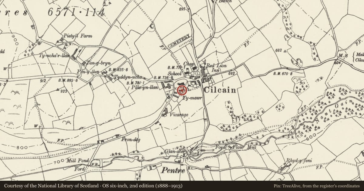 Ordnance Survey six-inch map, 2nd edition (1888–1913) covering the location of Hearse House at Church of St Mary (Including Churchyard Walls and Lych Gate, Cilcain, Flintshire, with a pin at the register's coordinates