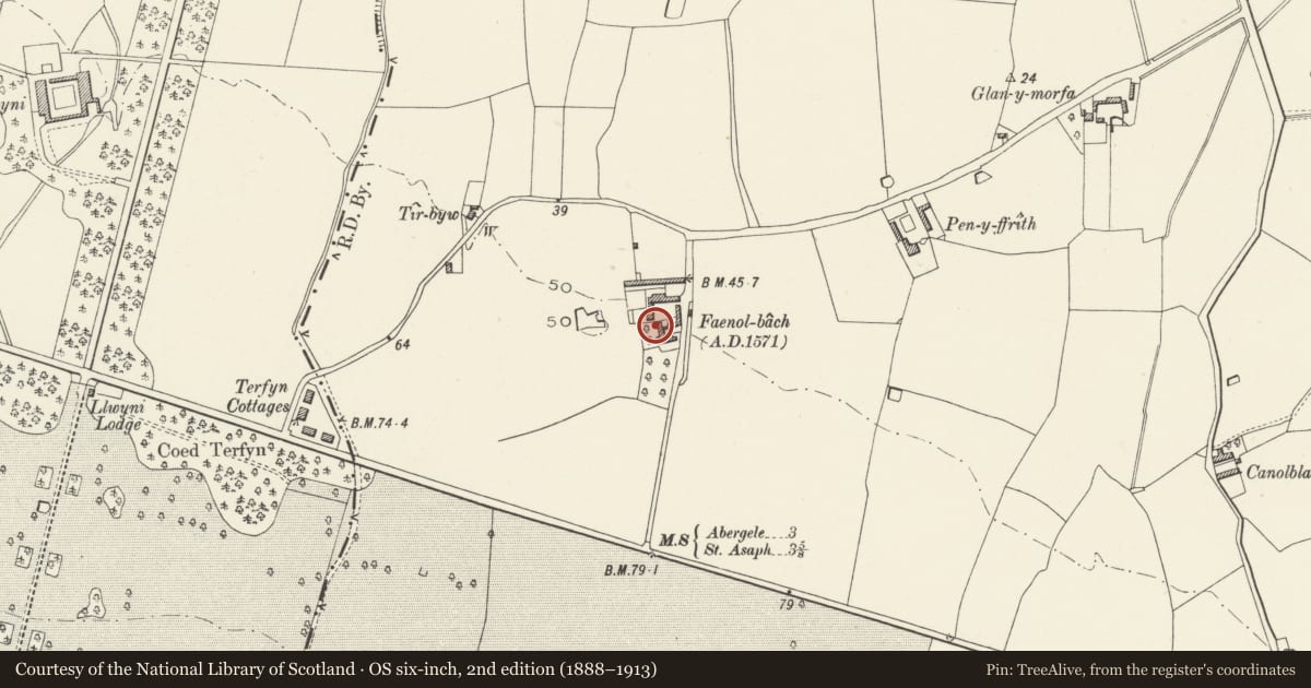 Ordnance Survey six-inch map, 2nd edition (1888–1913) covering the location of Outbuildings to N of Faenol-bach, Bodelwyddan, Denbighshire, with a pin at the register's coordinates