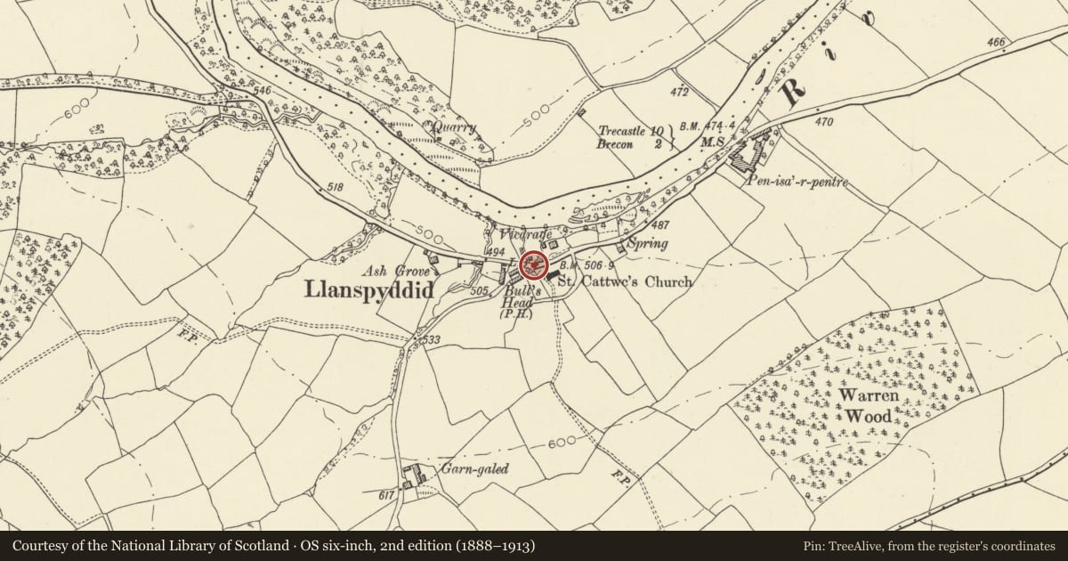 Ordnance Survey six-inch map, 2nd edition (1888–1913) covering the location of Telephone Call-box at lay-by adjoining churchyard in centre of village (01874 622105), Glyn Tarell, Powys, with a pin at the register's coordinates